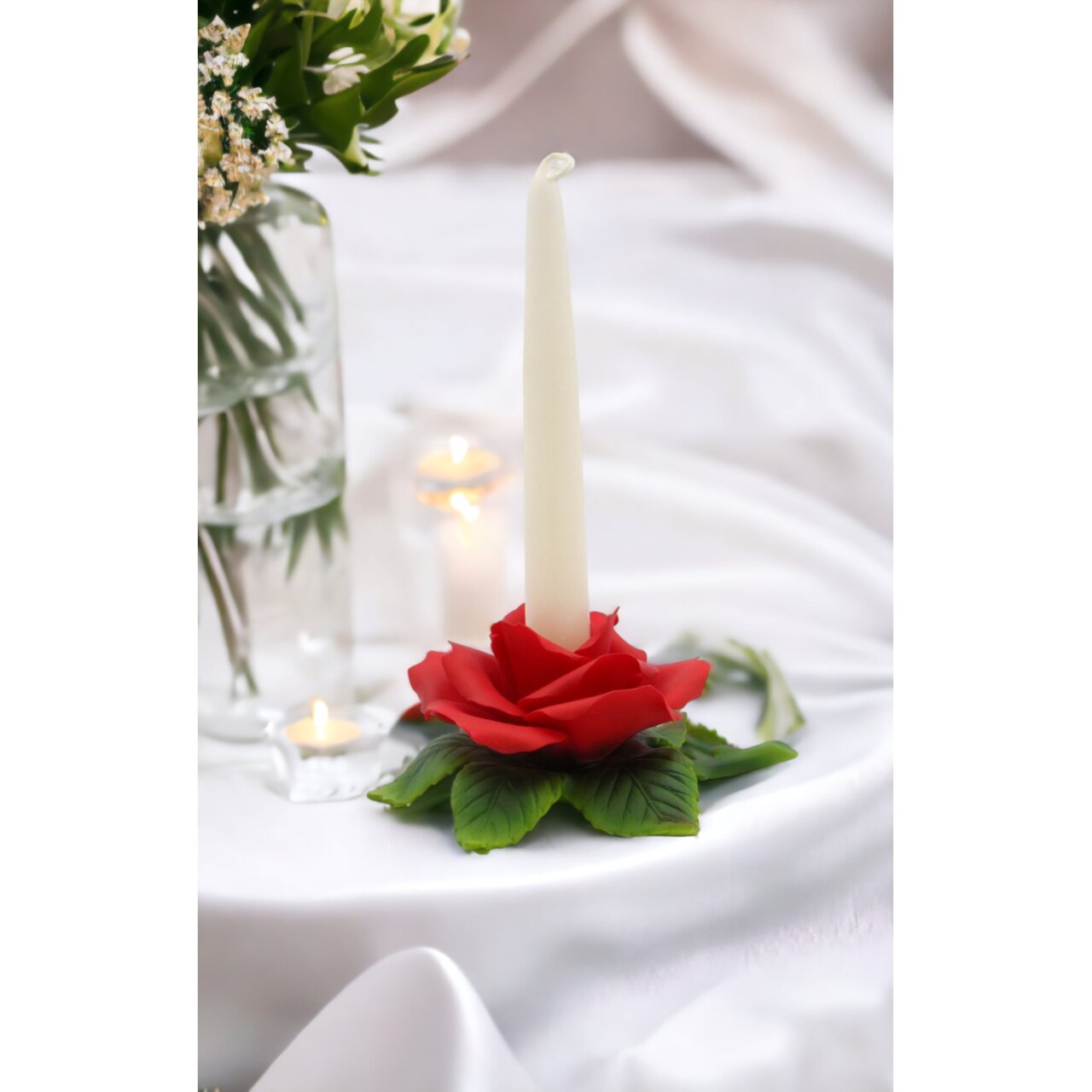 Hand Crafted Ceramic Red Rose Candle Holder-Candle NOT Included, Wedding Décor
